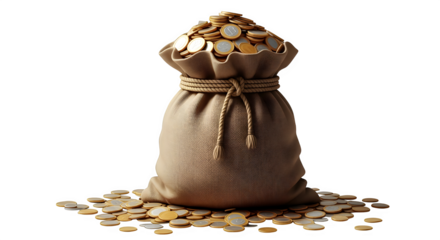 Burlap sack overflowing with gold coins, isolated on transparent background