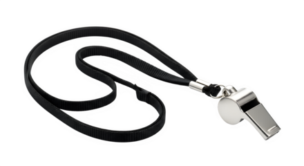 Silver metal whistle with black lanyard isolated on transparent background