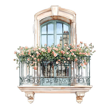 Watercolor Parisian Balcony Pink Roses Floral Illustration Vector Clipart
