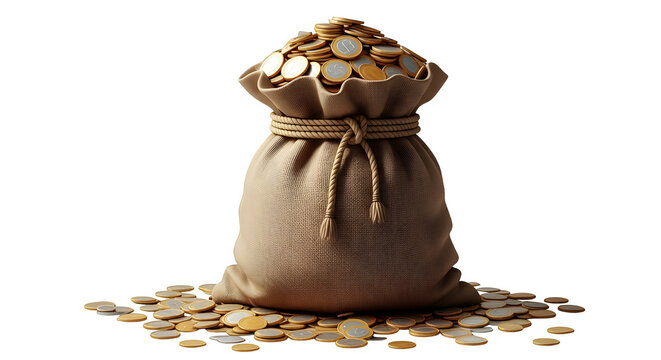 Burlap sack overflowing with gold coins, isolated on transparent background