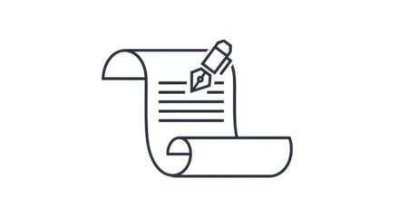 Outline icon of a rolled paper document with text and a fountain pen writing on it, concept of contract or signature isolated on transparent background