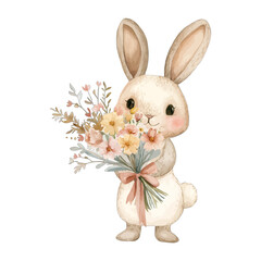 Cute Watercolor Bunny Rabbit Holding Wildflower Bouquet Vector Clipart
