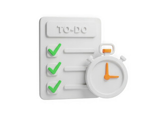 A 3d render illustrating time management and task completion with a to-do list and stopwatch