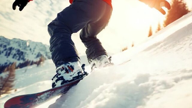 Footage A person rides a snowboard down a snowy mountain slope, with trees and mountains in the background