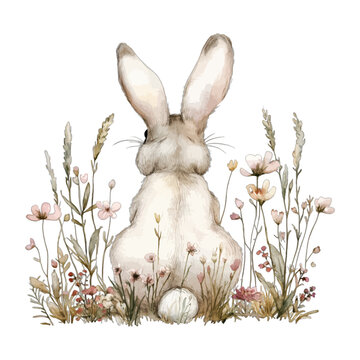 Watercolor Bunny Rabbit Back View Wildflowers Field Vector Clipart
