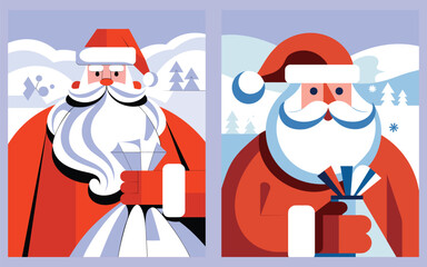 Two Cute Santa Claus Vector Illustrations Holding Christmas Gifts in Winter Window Scene.