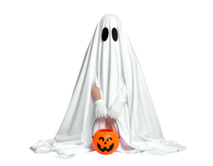 Child ghost costume with pumpkin bucket