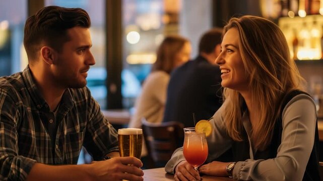 Happy couple enjoying date night drinks and lively conversation in dimly lit bar. Man sips beer, woman holds vibrant cocktail, creating perfect date night ambiance. Great for lifestyle, social media,