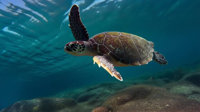 Green sea turtle gliding through turquoise ocean with patterned shell and flippers, illuminated by dappled sunlight over rocky seabed, evoking a peaceful underwater wildlife scene