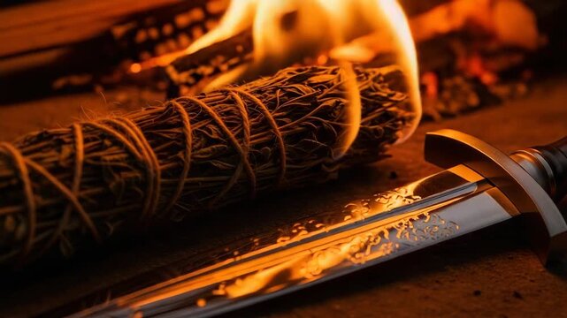 Burning sage bundle for sage smudging, an ancient practice for purification with an antique sword beside glowing embers.