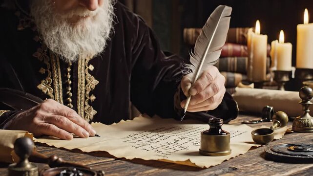 Historical Scribe Writing with Quill - An elderly man with a long white beard, dressed in a dark robe, is writing on parchment with a quill pen.