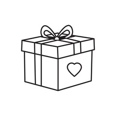 Minimalist black line art gift box with heart and bow for presents love celebration birthday holiday surprise vector