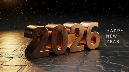 Golden 2026 numbers on dark cracked texture with Happy New Year text and sparkling background golden numbers
