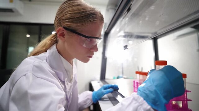 Scientist performs experiments in a laboratory focused on research and analysis