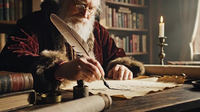Santa Claus Writing a Letter - Santa Claus is seated at a wooden desk in a cozy room with bookshelves, writing a letter with a quill and ink. A candle burns nearby, casting a warm glow on the scene.