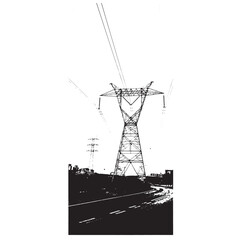 Electric poles, high-voltage power towers, and transmission lines.