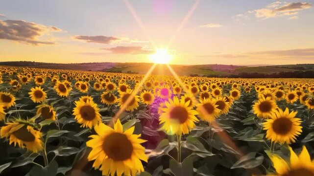 Vast field of sunflowers at sunset with bright sun flare