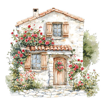 Watercolor Italian Stone House With Red Roses Vector Clipart

