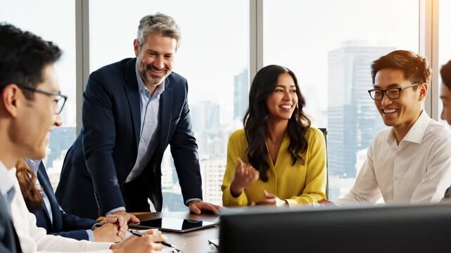 Diverse Business Team Meeting - A diverse group of professionals are gathered around a table in a modern office setting, engaged in a business meeting.