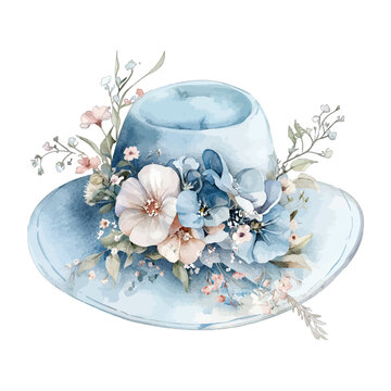 Elegant blue sun hat with watercolor floral decoration vector illustration
