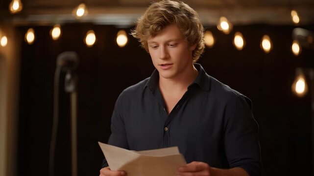 A nervous performer standing backstage under dim amber lights, gripping their script as muffled applause leaks through the curtains &mdash; raw anticipation, artistic vulnerability, and pre-show energy.