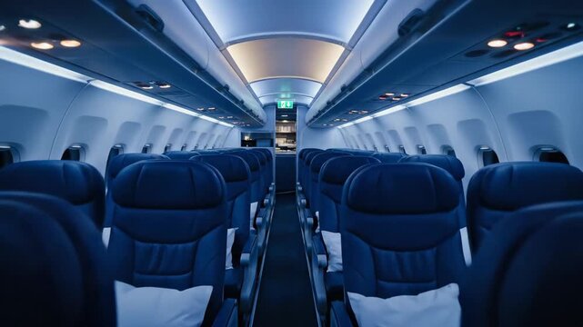 Empty Airplane Cabin Interior - This stock video shows the interior of an airplane cabin, looking down the center aisle at empty, dark blue seats with white pillows.