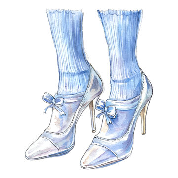 Fashion illustration watercolor blue high heel shoes with socks, vector
