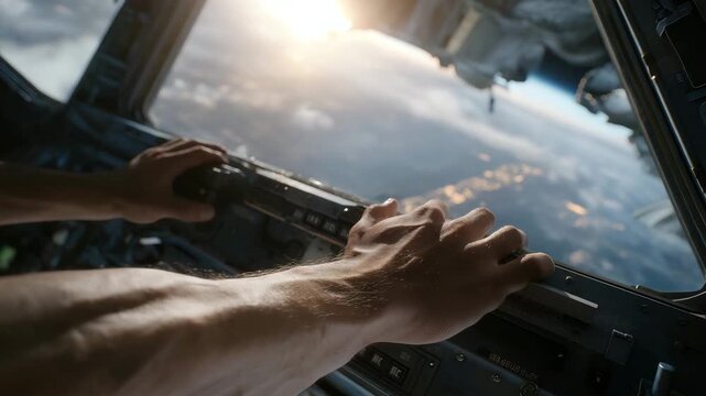 A space capsule re-entry moment shown from interior POV, astronaut gripping handrails as fiery plasma streaks outside the small window &mdash; aerospace engineering, human exploration, and high-intensity