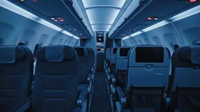 Empty Airplane Interior at Night - Interior view of a commercial airplane cabin at night. Rows of empty blue seats are visible along the aisle under soft blue cabin lighting.