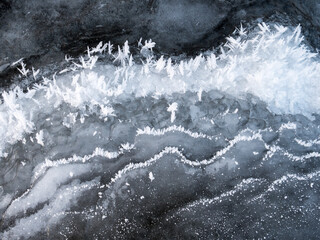Ice crystals formed at freezing lake