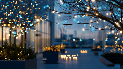 Urban winter evening scene with blue-toned Christmas lights, modern city architecture, subtle festive decorations, cinematic and clean composition