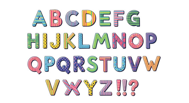 Colorful cartoon alphabet letters with playful patterns and textures arranged in four rows to create a vibrant educational decorative display.