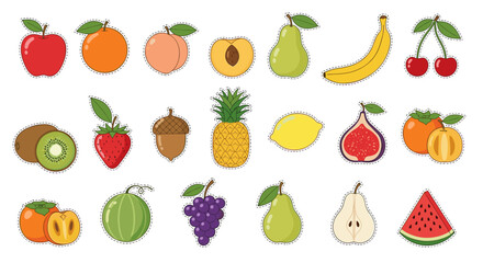 Colorful assortment of bright fruit stickers featuring apples oranges peaches pears bananas berries and citrus in a playful cutout style.