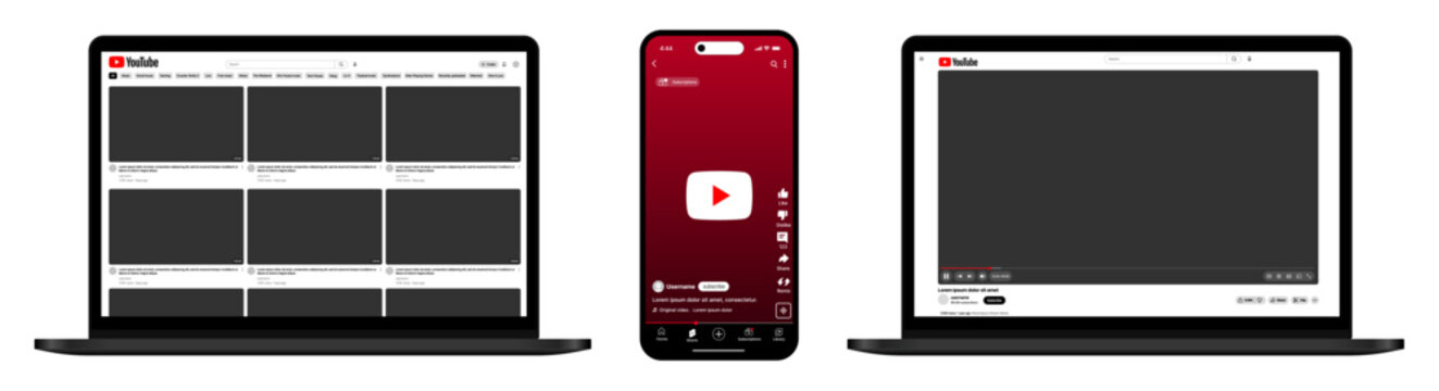 YouTube App Mockup Social Media UI Template with Laptop Desktop and Mobile Screens Video Player Home Feed Channel Profile Shorts Subscribe Comment Like Interface Design