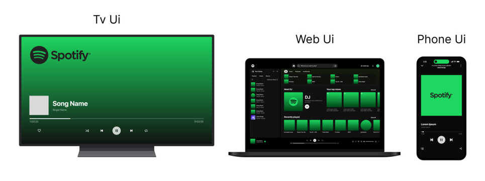 Spotify Music App UI Mockup Template for TV Web and Mobile with Smart TV Laptop and Phone Screens Audio Player Playlist Dashboard Interface Design