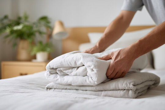 A man is folding a white sheet on a bed