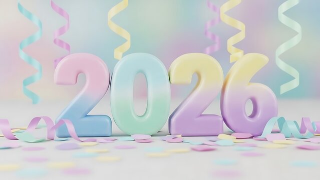Colorful gradient 2026 numbers with pastel confetti and streamers on light background new year pastel colors - Powered by Adobe