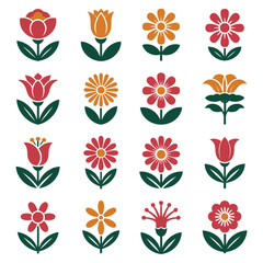 Set of stylized red and orange flowers with green leaves floral icon