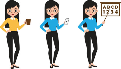 Modern Flat Design Vector Set of Businesswoman and Educator Poses with Coffee Mug, Mobile Device, and Presentation Board. Vector Collection of Female Professional Poses.