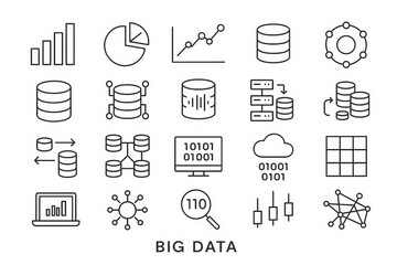 Big Data Line Icons Set. Data Analytics, Databases and Cloud Computing. Technology concept.