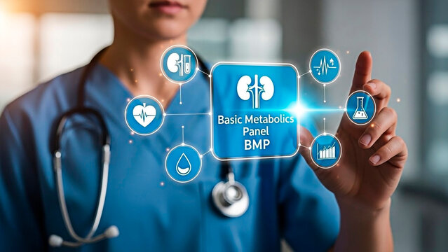 A medical professional interacting with a Basic Metabolic Panel (BMP) for the concept of healthcare and medical analysis.