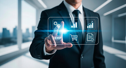 Businessman using digital interface for concept of business technology.