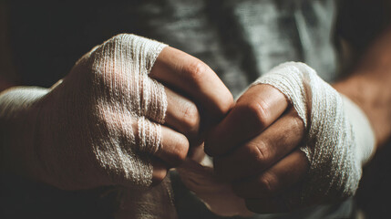 Athlete's Hands Wrapped in Boxing Bandages