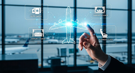 Touchscreen interface for airline travel with futuristic technology for the concept of travel planning.