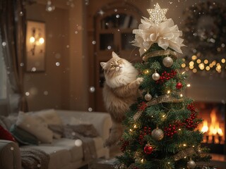 Cat Sitting Near Decorated Christmas Tree Indoors