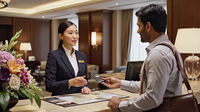 Hotel Check-In Service - An Asian female receptionist hands a room key to a male guest at the hotel reception desk.