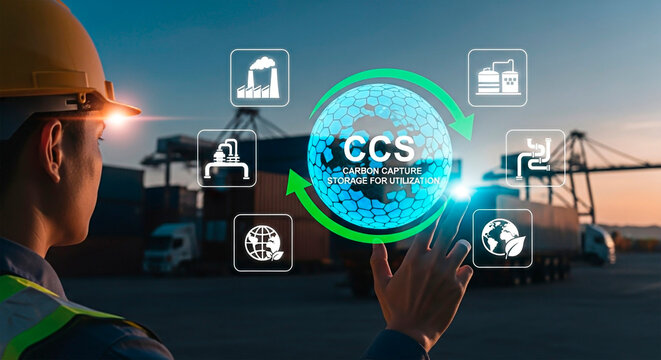 Conceptual illustration of Carbon Capture and Storage (CCS) technology representing environmental and industrial progress.