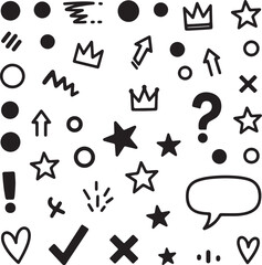 Black and white doodle icons set featuring stars crowns arrows hearts and speech bubbles isolated on a transparent background