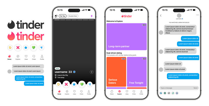 Tinder Dating App Mobile Mockup UI Template with iPhone Screens Match Feed Swipe Cards Likes Messages Chat Profile Preferences and Social Interaction Interface Design