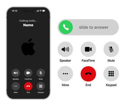 iPhone Phone App Call Screen Mockup Mobile UI Template with Incoming Call Interface Slide to Answer Speaker FaceTime Mute Keypad End Call Buttons Design